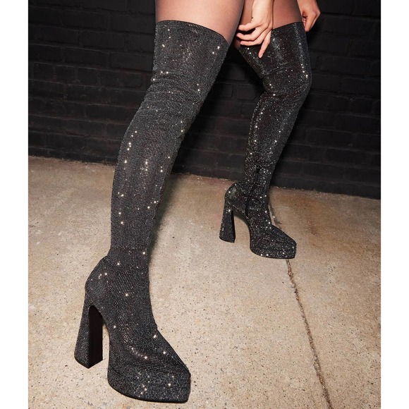 Steve Madden Sultry Rhinestone Over The Knee Platform Black Boots - Picture 5 of 16